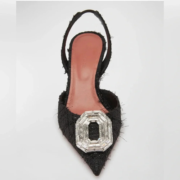 New Amina Muaddi Black Tweed Slingback Heel Pump with Square Jewel, sz 36EU